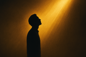 Figura humana viendo hacia arriba bajo un haz de luz dorada, simbolizando superación del miedo al éxito