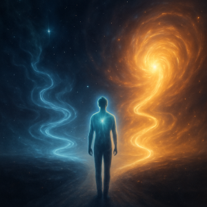 Persona en una encrucijada de luz y sombra, contemplando su camino con un gesto de entrega espiritual